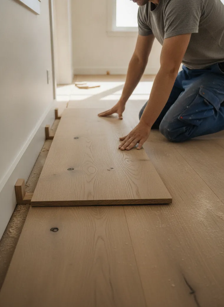 Handwerker drückt eine breite Eichendiele in die Reihe, Abstandskeile an der Wand